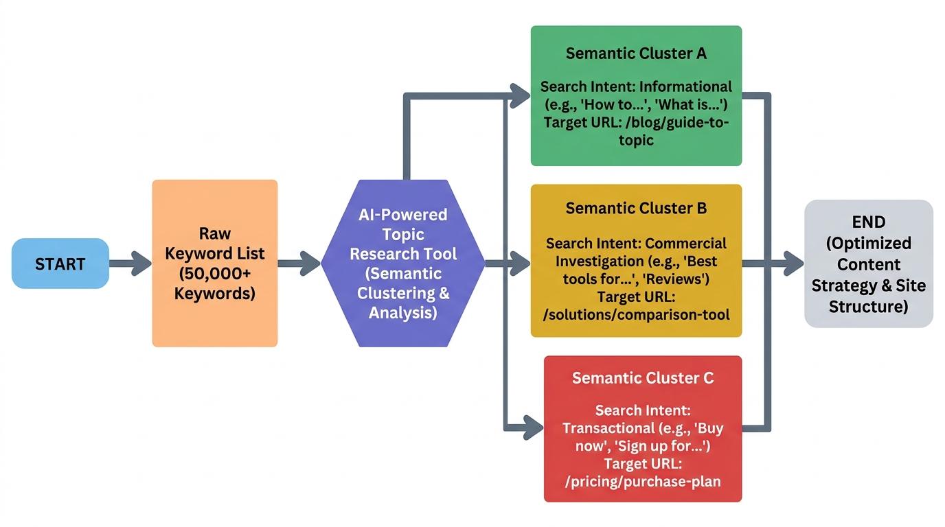 Flowchart showing a raw 50,000 keyword list split into 3 distinct semantic clusters, each labeled with a specific search intent and a dedicated target URL