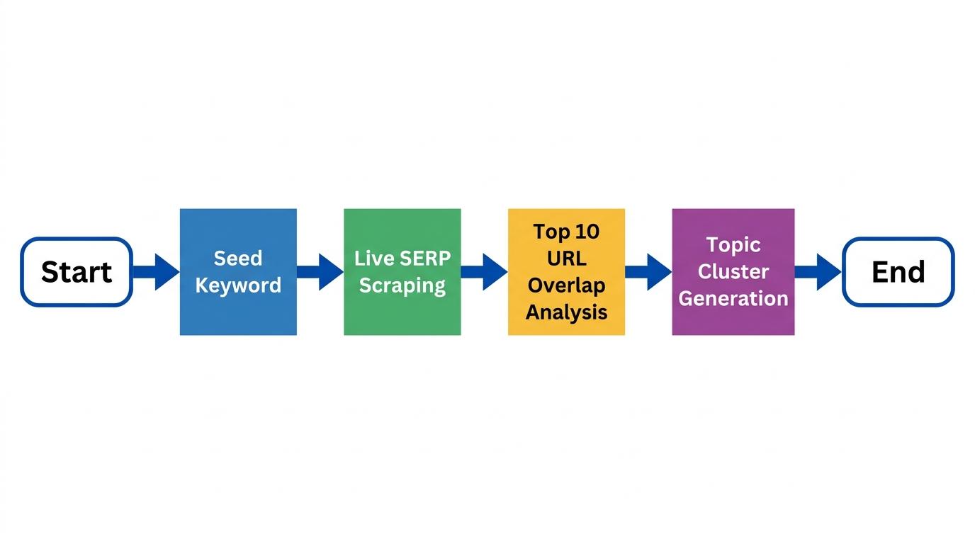 Flowchart showing the agglomerative clustering process: Seed Keyword → Live SERP Scraping → Top 10 URL Overlap Analysis → Topic Cluster Generation