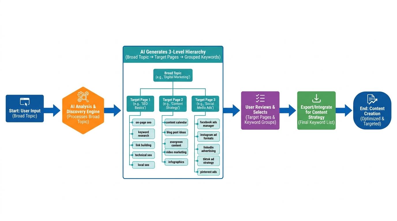3-level vertical hierarchy chart showing Broad Topic at the top, branching into 3 Target Pages, each page linking to 5-10 specific grouped keywords