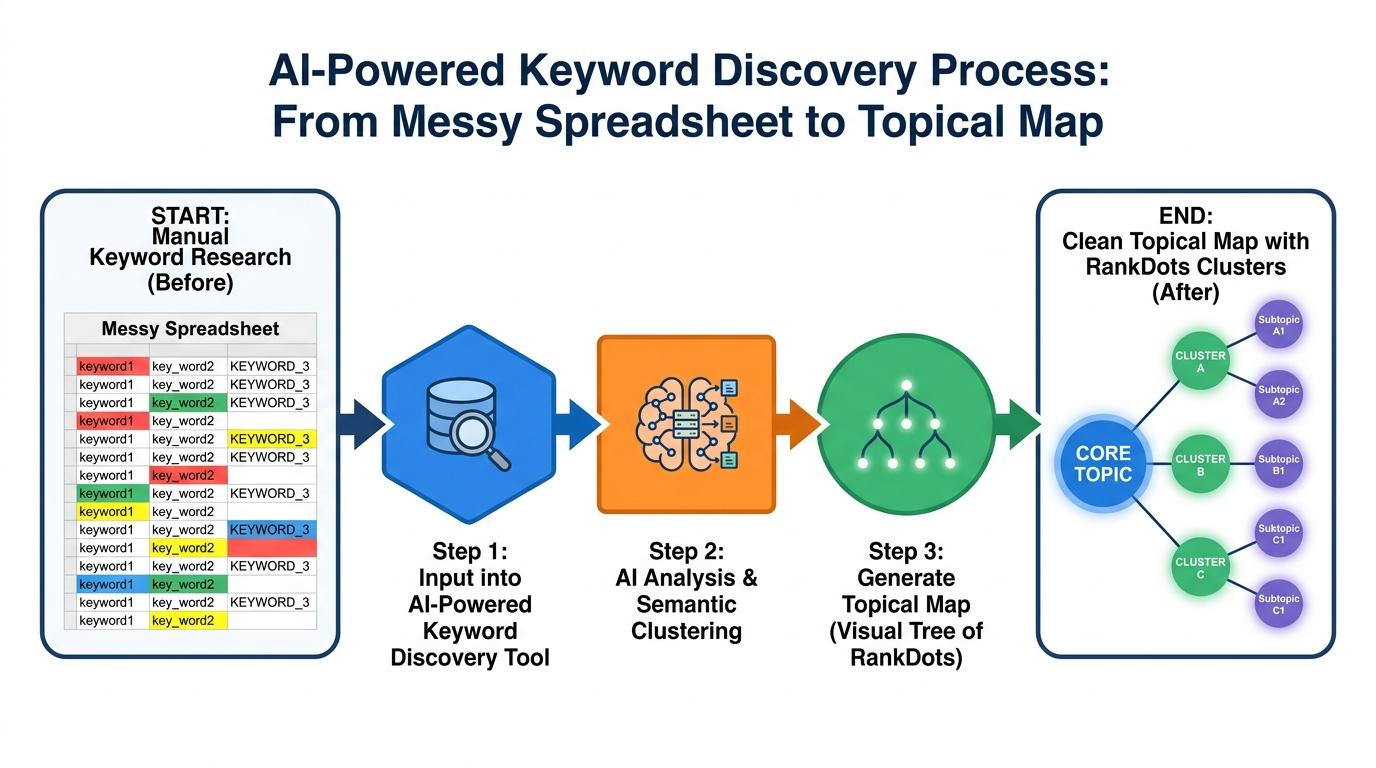 Before and after comparison showing a messy spreadsheet with manually color-coded keyword rows on the left, transforming into a clean visual tree of RankDots semantic topic clusters on the right
