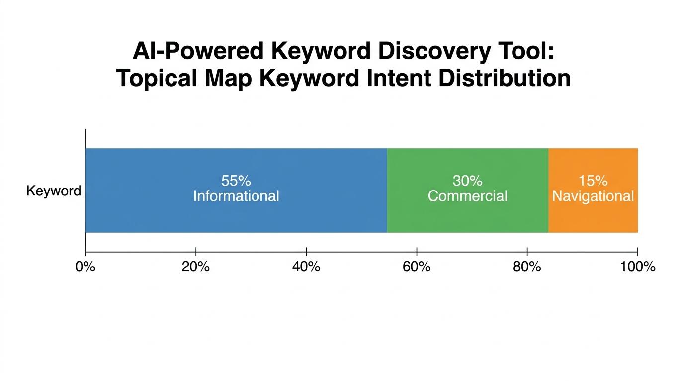 Stacked bar chart showing verifiable search intent percentage breakdowns, illustrating a keyword distributed as 55 percent Informational, 30 percent Commercial, and 15 percent Navigational