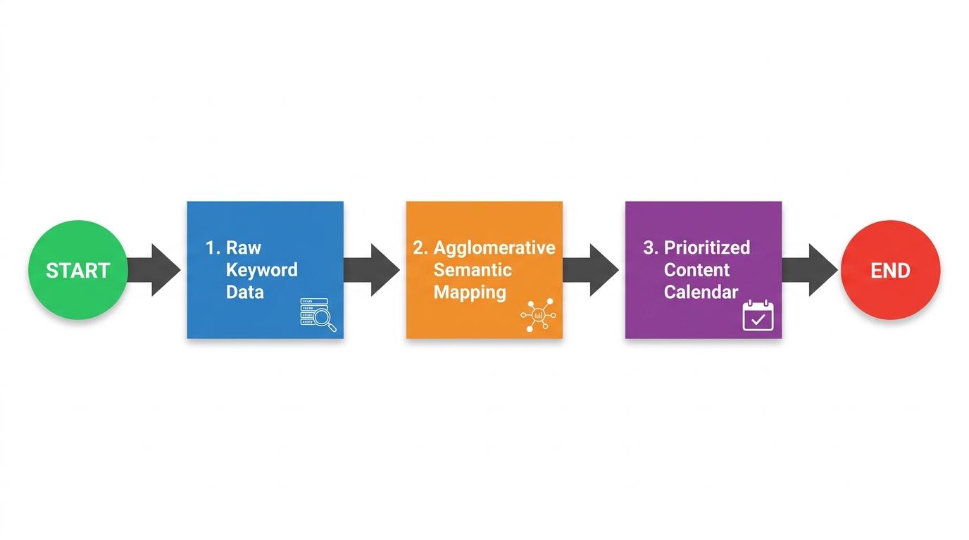 3-step flowchart showing Raw Keyword Data → Agglomerative Semantic Mapping → Prioritized Content Calendar with arrows connecting each step