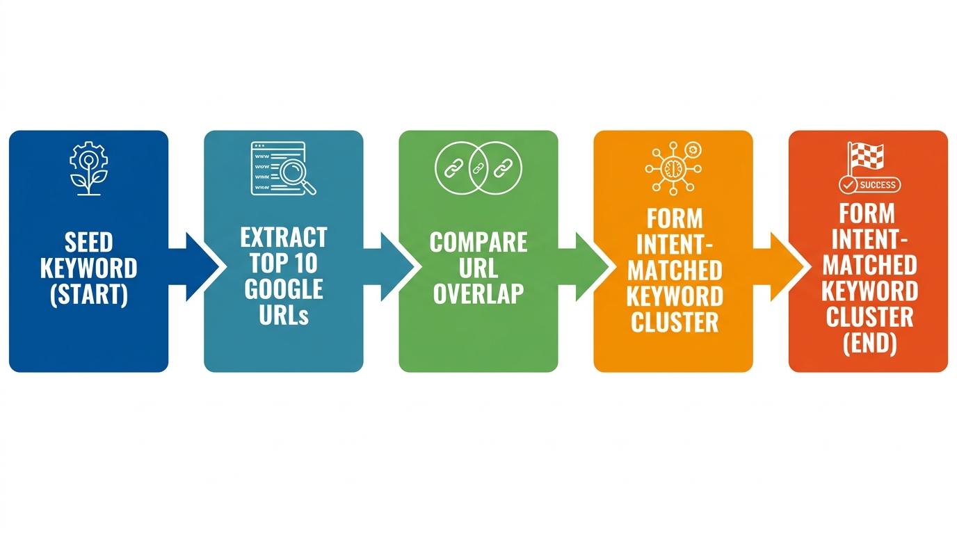 Flowchart showing how agglomerative clustering works: Seed Keyword to Extract Top 10 Google URLs to Compare URL Overlap to Form Intent-Matched Keyword Cluster