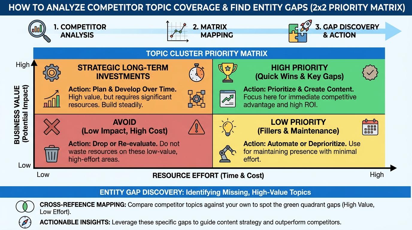 2x2 Priority Matrix plotting Topic Clusters by Business Value (Y-axis) and Resource Effort (X-axis), with high-value and low-effort in the top right quadrant