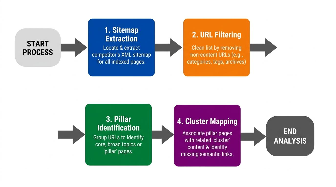 4-step flowchart showing Sitemap Extraction → URL Filtering → Pillar Identification → Cluster Mapping