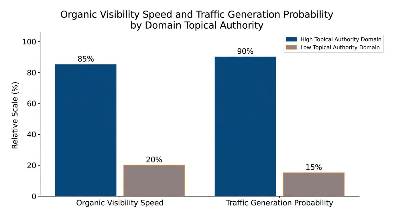 Bar chart comparing organic visibility speed and traffic generation probability between high and low topical authority domains