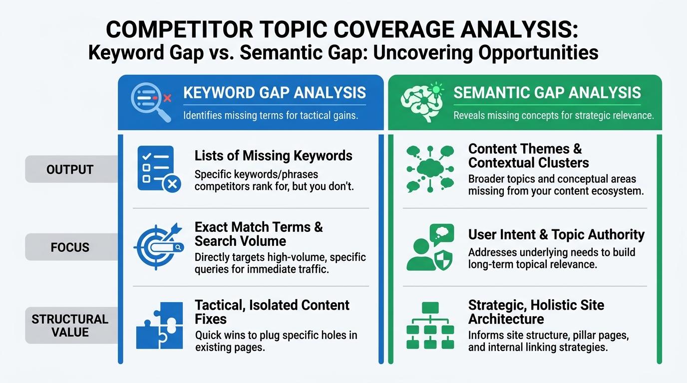 Comparison matrix showing Keyword Gap Analysis vs Semantic Gap Analysis across metrics like output, focus, and structural value