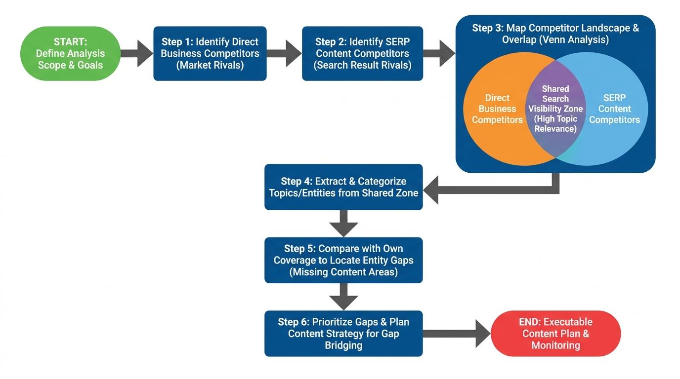 Venn diagram showing the overlap between Direct Business Competitors and SERP Content Competitors, highlighting the shared search visibility zone