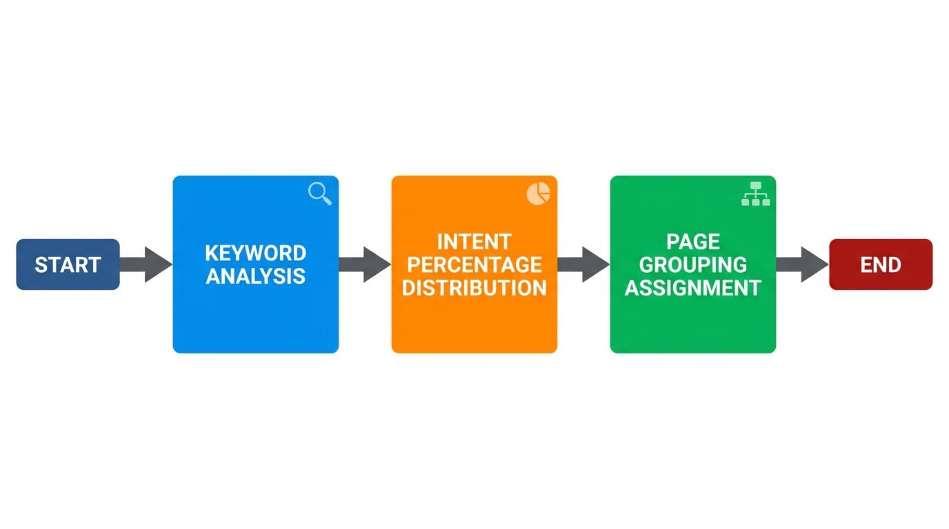 3-step flowchart showing Keyword Analysis → Intent Percentage Distribution → Page Grouping Assignment