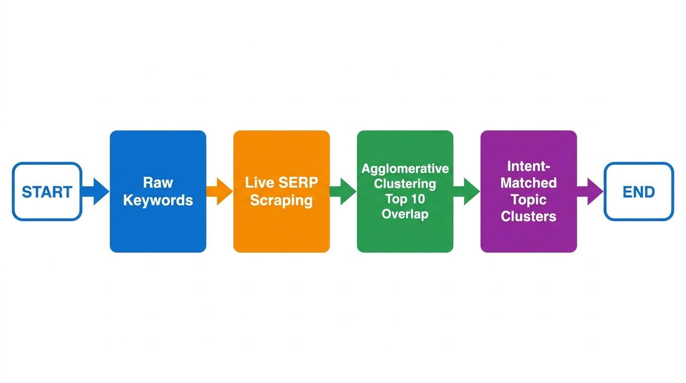 Flowchart showing Raw Keywords → Live SERP Scraping → Agglomerative Clustering Top 10 Overlap → Intent-Matched Topic Clusters