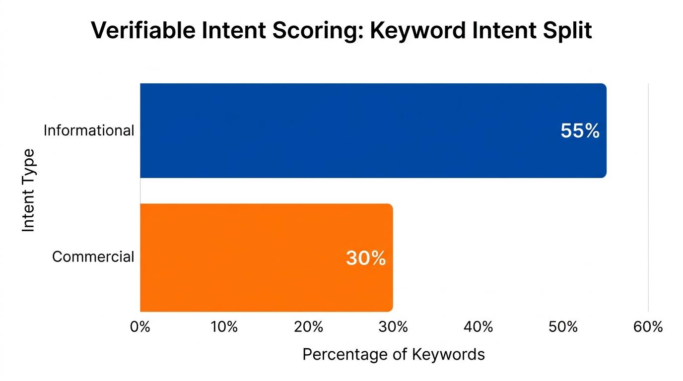 Bar chart showing verifiable intent scoring visualization with a keyword split into 55 percent Informational and 30 percent Commercial intent