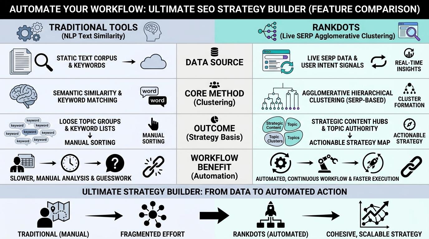 Feature comparison matrix highlighting RankDots live SERP agglomerative clustering versus traditional tools relying on NLP text similarity