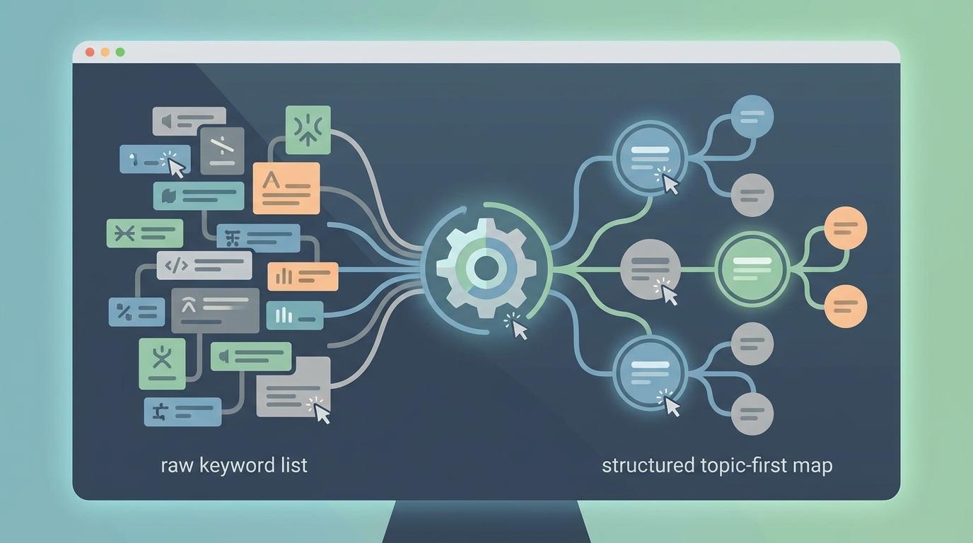 Interactive UI mockup showing the clustering process transitioning from raw keyword lists to a structured topic-first map