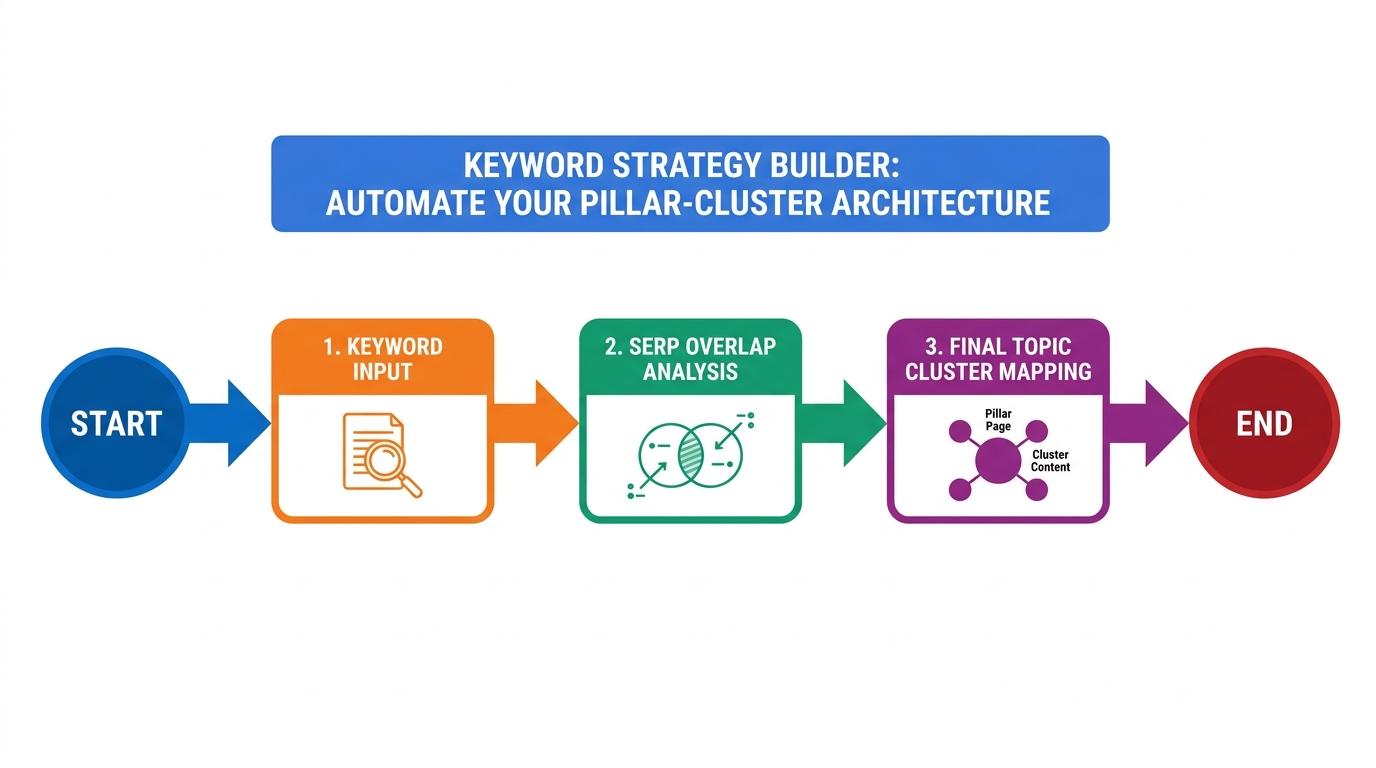3-stage workflow showing Keyword Input → SERP Overlap Analysis → Final Topic Cluster mapping