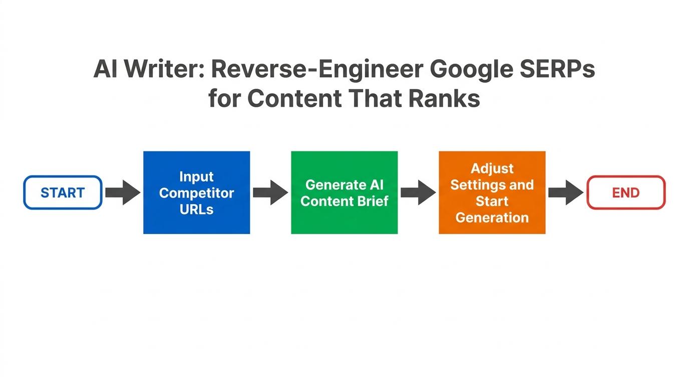 3-step flowchart showing Input Competitor URLs → Generate AI Content Brief → Adjust Settings and Start Generation