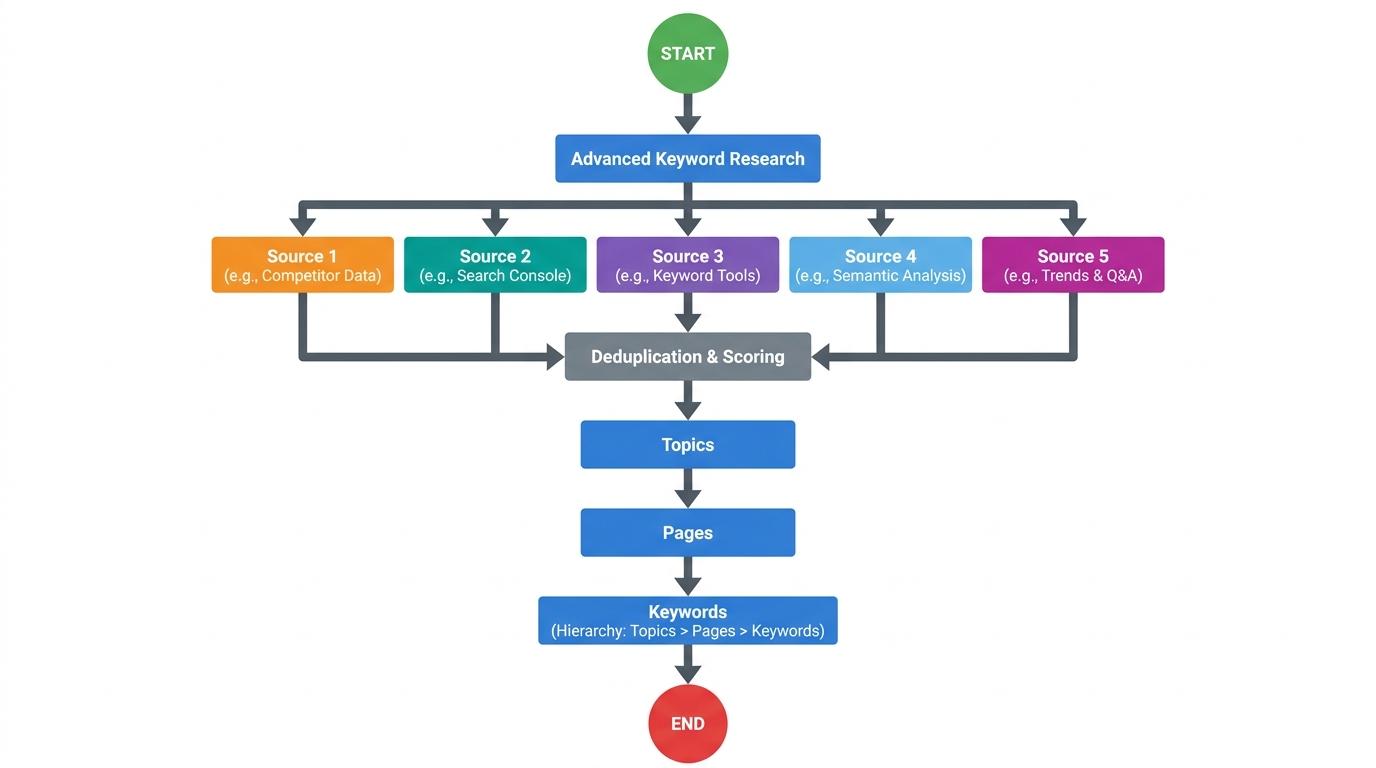 Flowchart showing Advanced Keyword Research: 5 Parallel Sources → Deduplication & Scoring → Topics → Pages → Keywords hierarchy