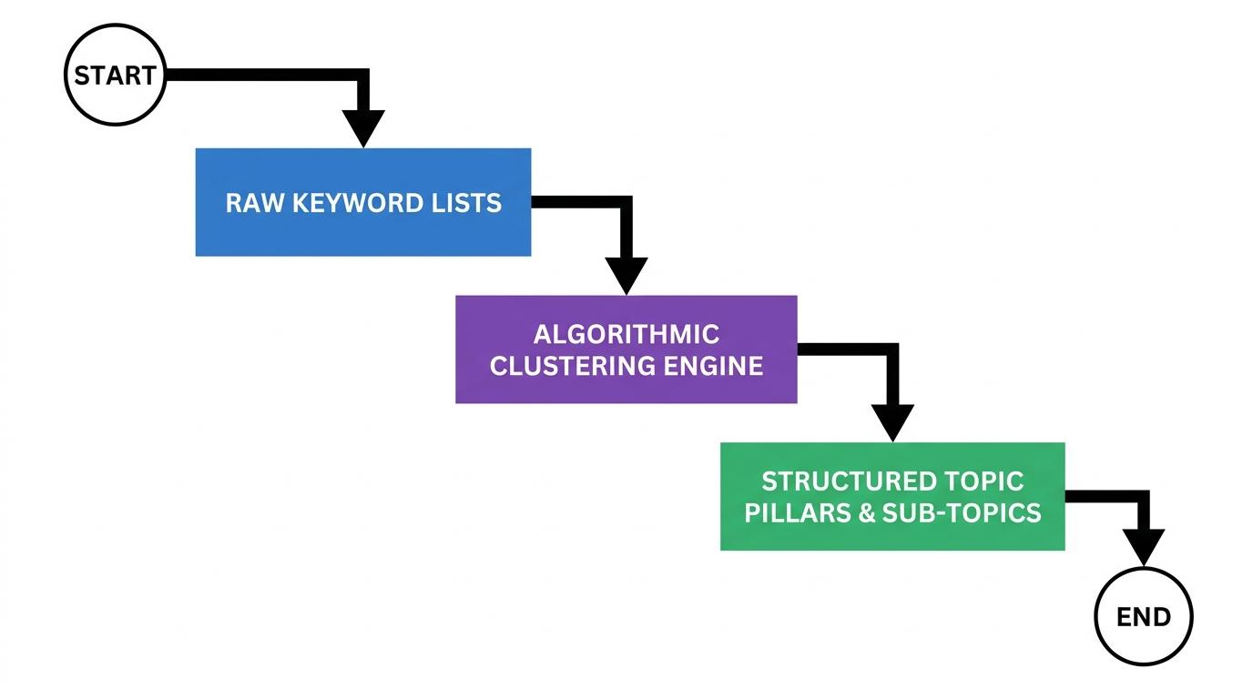 Flowchart showing raw keyword lists feeding into an algorithmic clustering engine, which outputs structured topic pillars and sub-topics