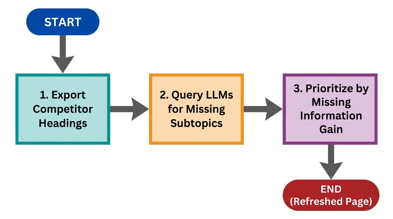 3-step semantic gap analysis workflow: Export competitor headings → Query LLMs for missing subtopics → Prioritize by missing information gain