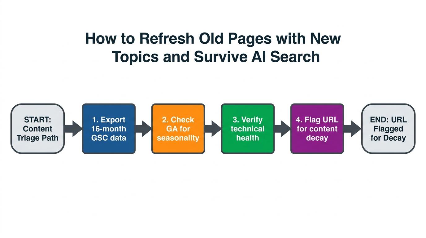 4-step flowchart showing triage path: Export 16-month GSC data → Check GA for seasonality → Verify technical health → Flag URL for content decay