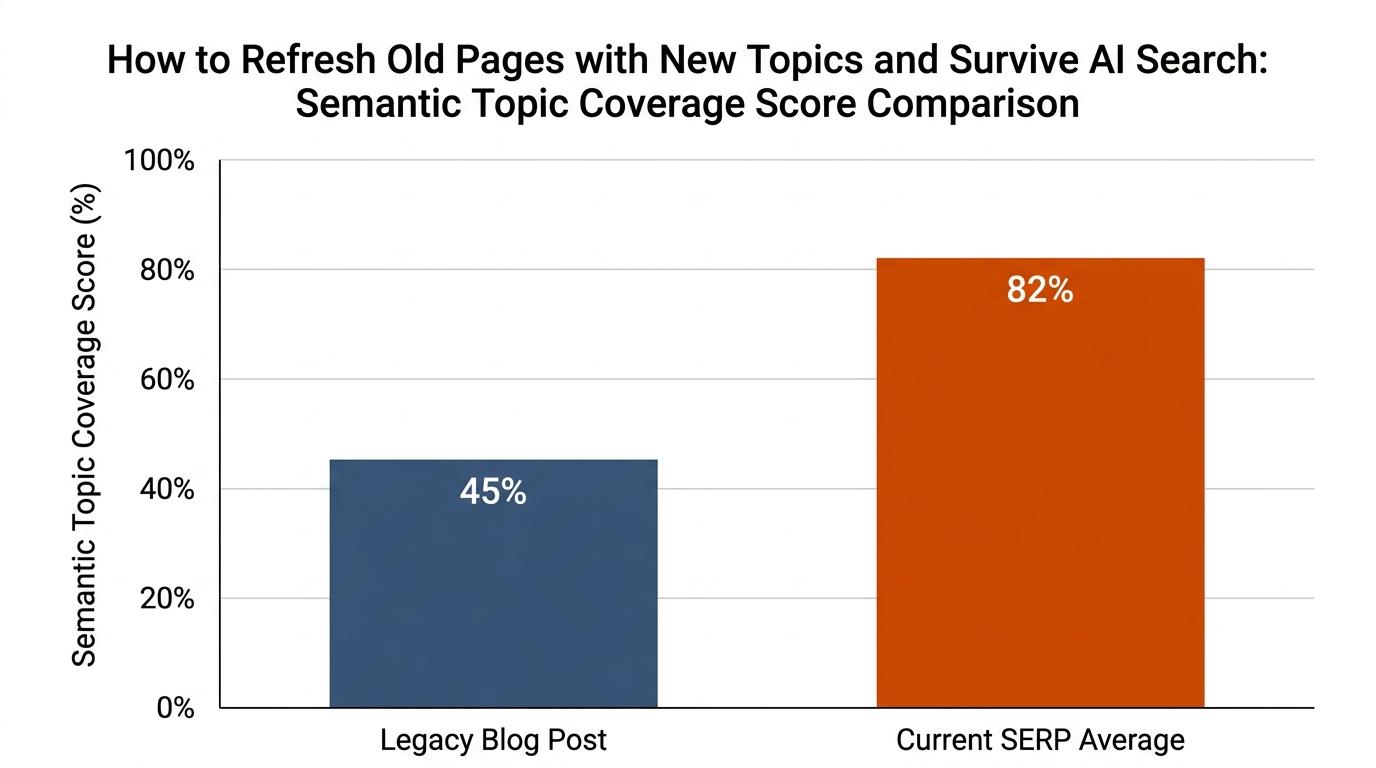 Bar chart comparing the semantic topic coverage score of a legacy blog post at 45% versus the current SERP average at 82%