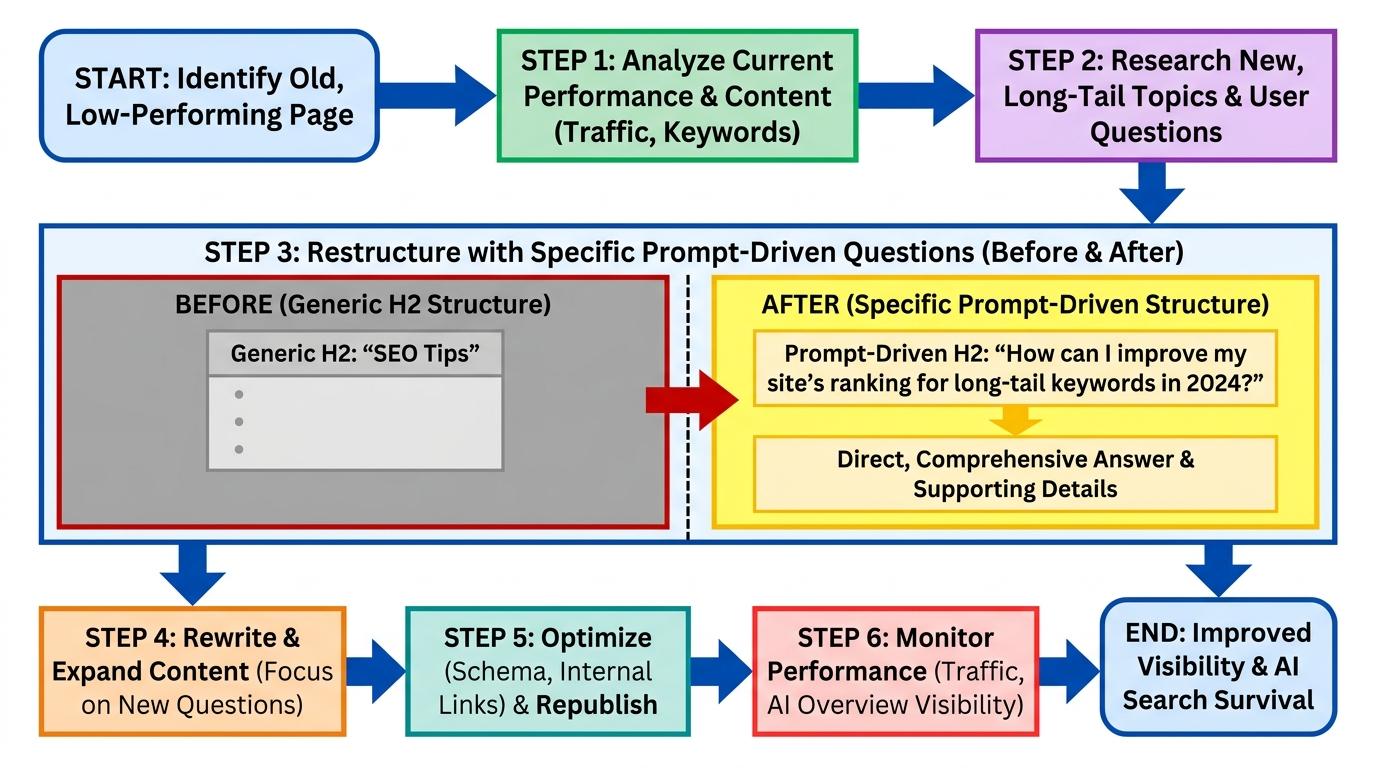 Before and after layout showing a generic H2 header replaced with a specific prompt-driven question structure