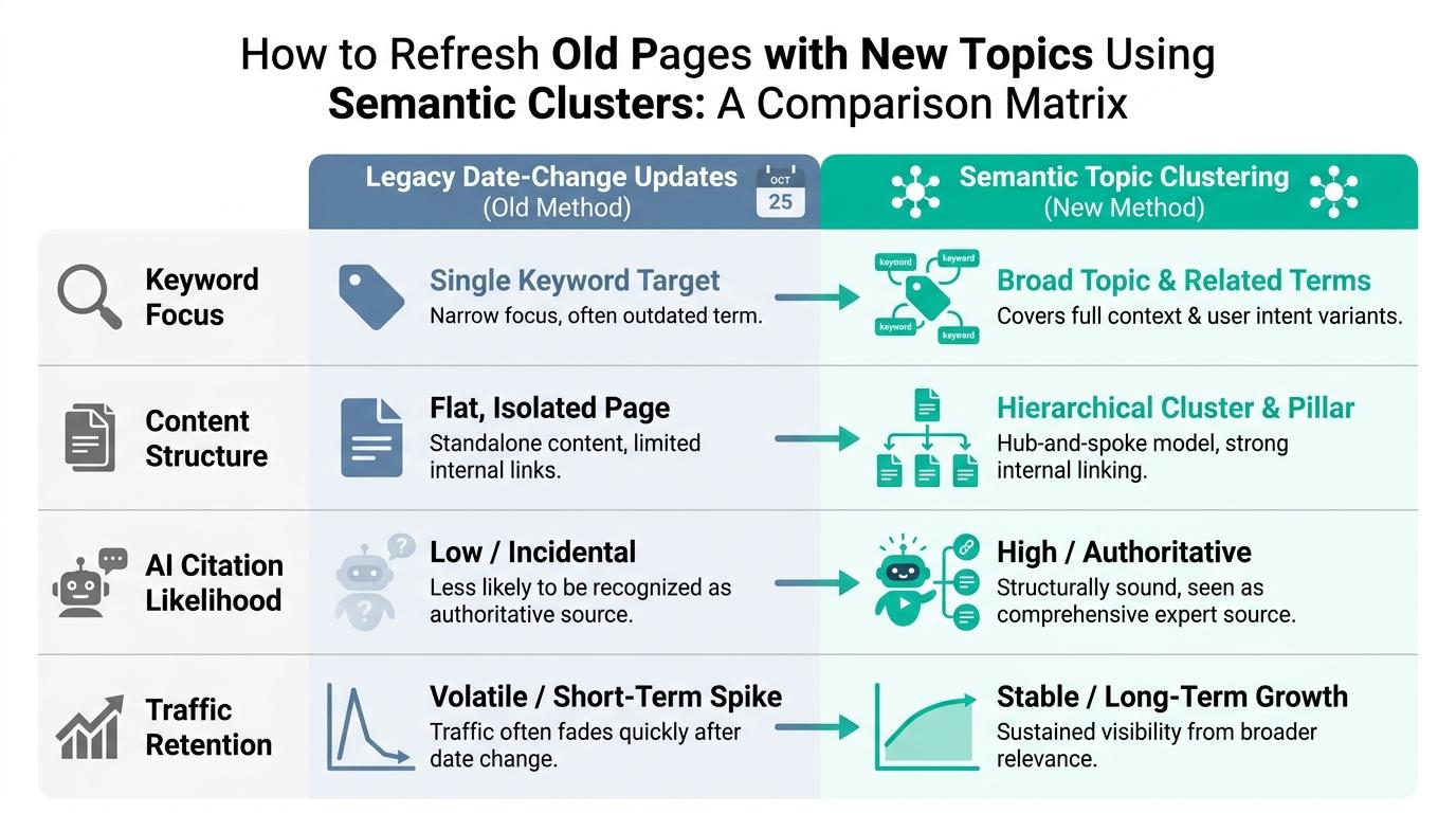 Comparison matrix: Legacy date-change updates vs Semantic topic clustering across 4 criteria: Keyword focus, Content structure, AI citation likelihood, and Traffic retention