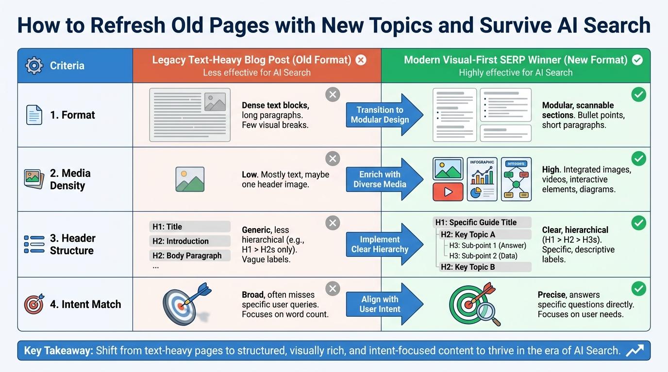 Comparison matrix showing a legacy text-heavy blog post format versus a modern visual-first SERP winner across 4 criteria: format, media density, header structure, and intent match