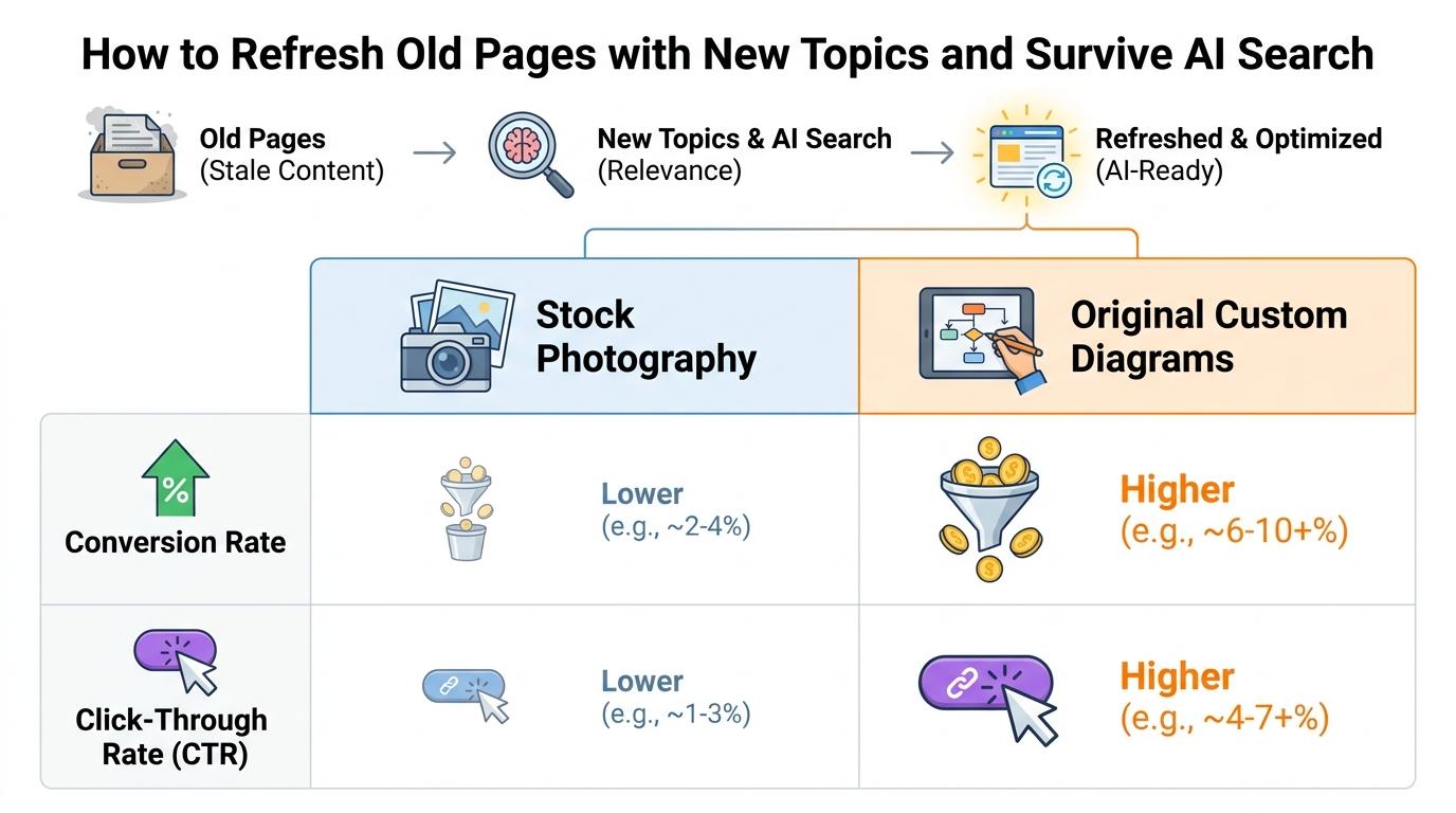 Comparison matrix showing conversion and CTR metrics for stock photography versus original custom diagrams
