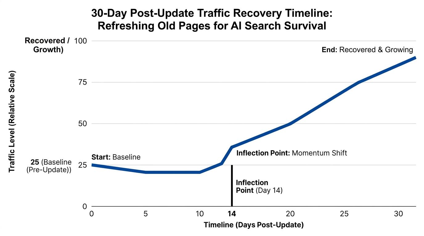 Line graph showing a 30-day post-update traffic recovery timeline with a distinct inflection point at day 14
