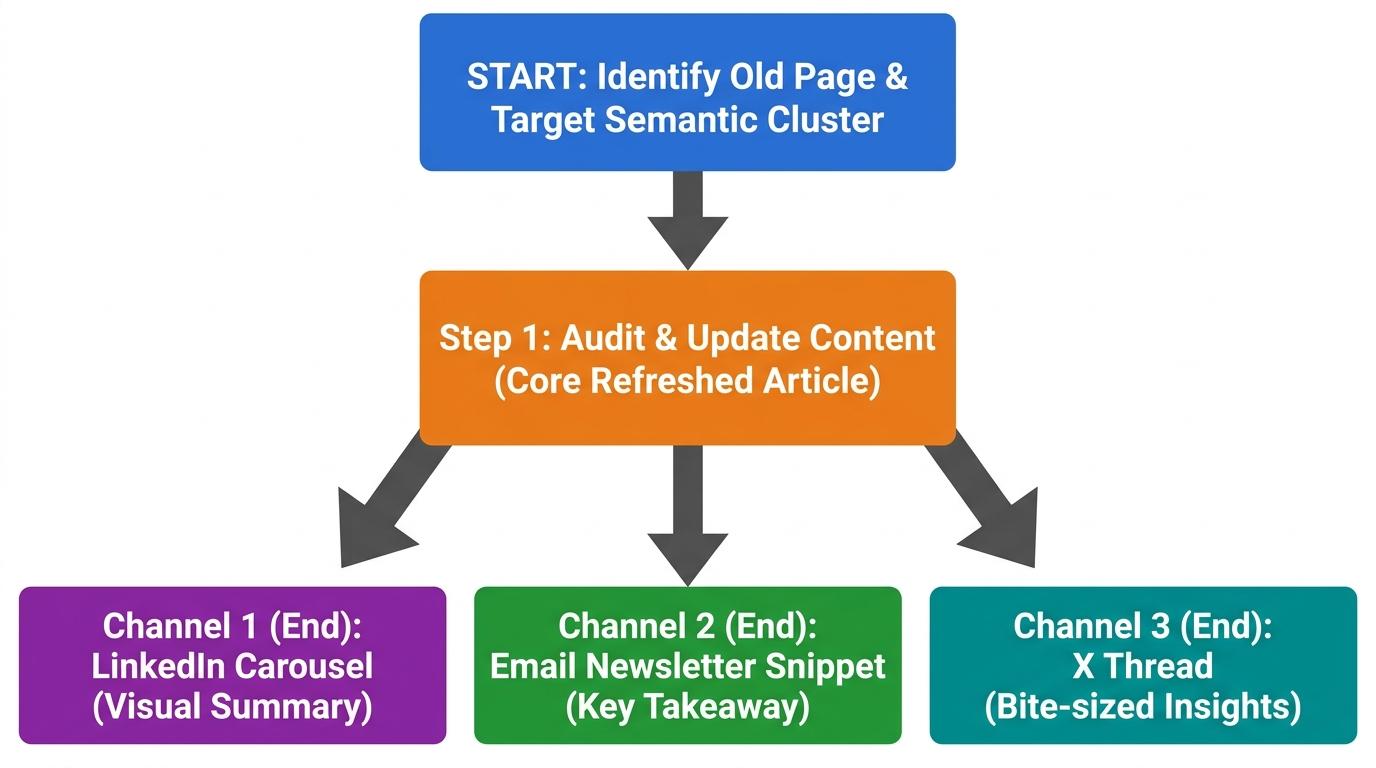 Workflow showing one core refreshed article feeding into three distinct distribution channels: LinkedIn carousel, Email newsletter snippet, and X thread