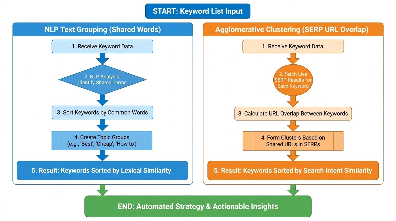 2-panel flowchart comparing NLP text grouping (keywords sorted by shared words) vs Agglomerative clustering (keywords sorted by live SERP URL overlap)
