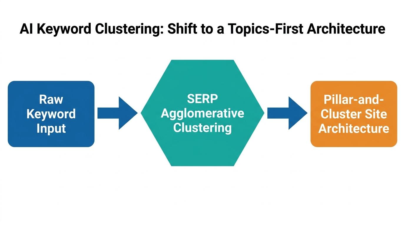 3-step flowchart showing Raw Keyword Input → SERP Agglomerative Clustering → Pillar-and-Cluster Site Architecture