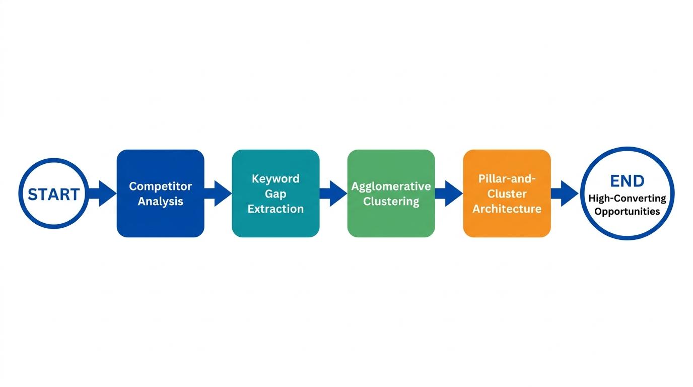 4-step flowchart showing Competitor Analysis → Keyword Gap Extraction → Agglomerative Clustering → Pillar-and-Cluster Architecture
