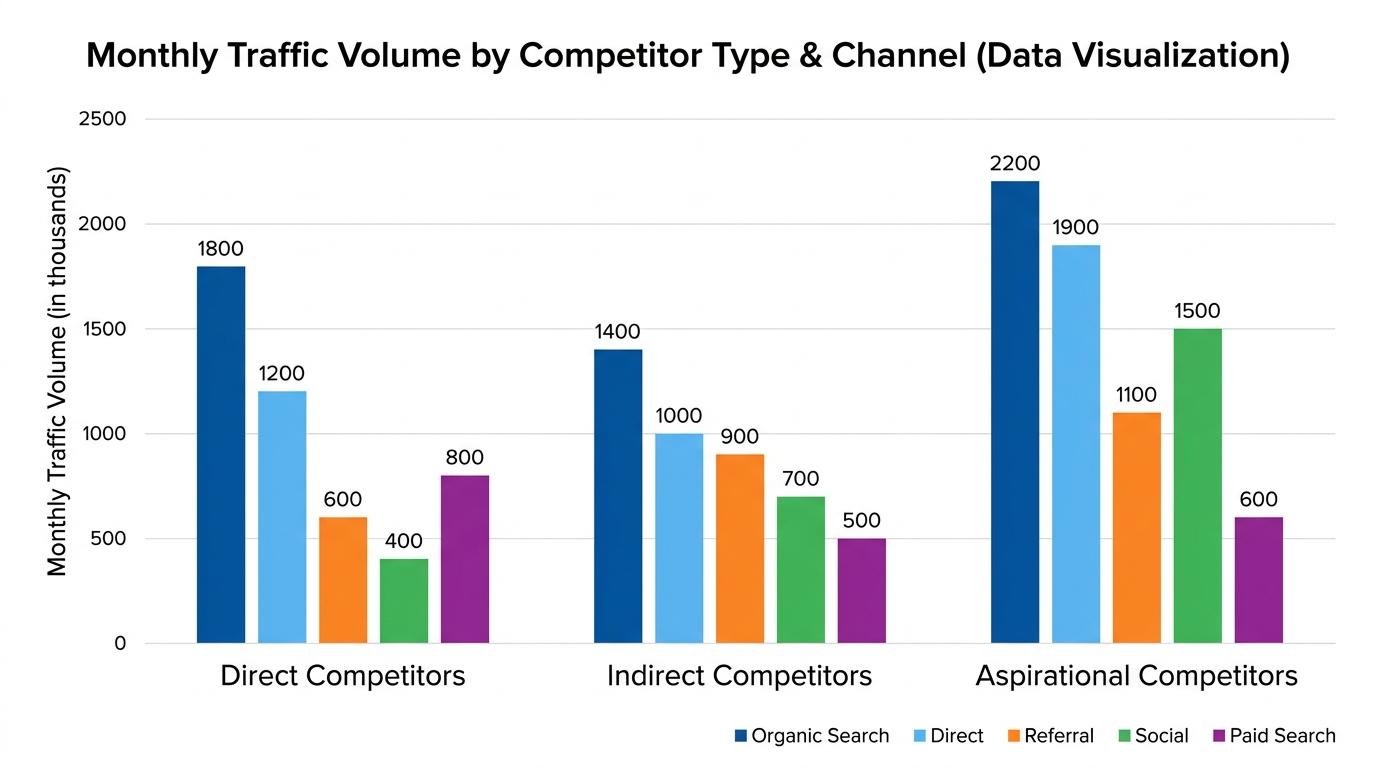 Bar chart comparing monthly traffic volumes across Direct, Indirect, and Aspirational competitors with distinct channel color coding