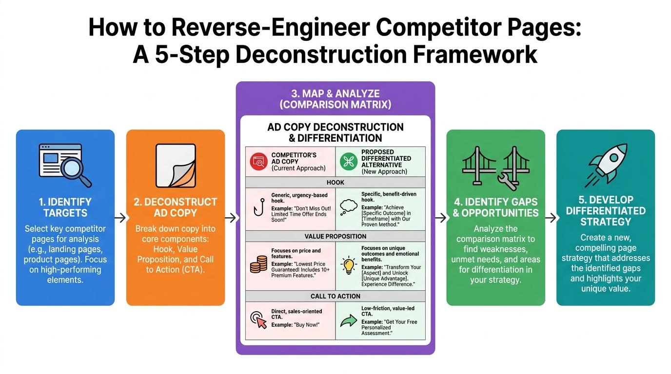 Comparison matrix showing a competitor's ad copy broken down by Hook, Value Proposition, and Call to Action, mapped against a proposed differentiated alternative