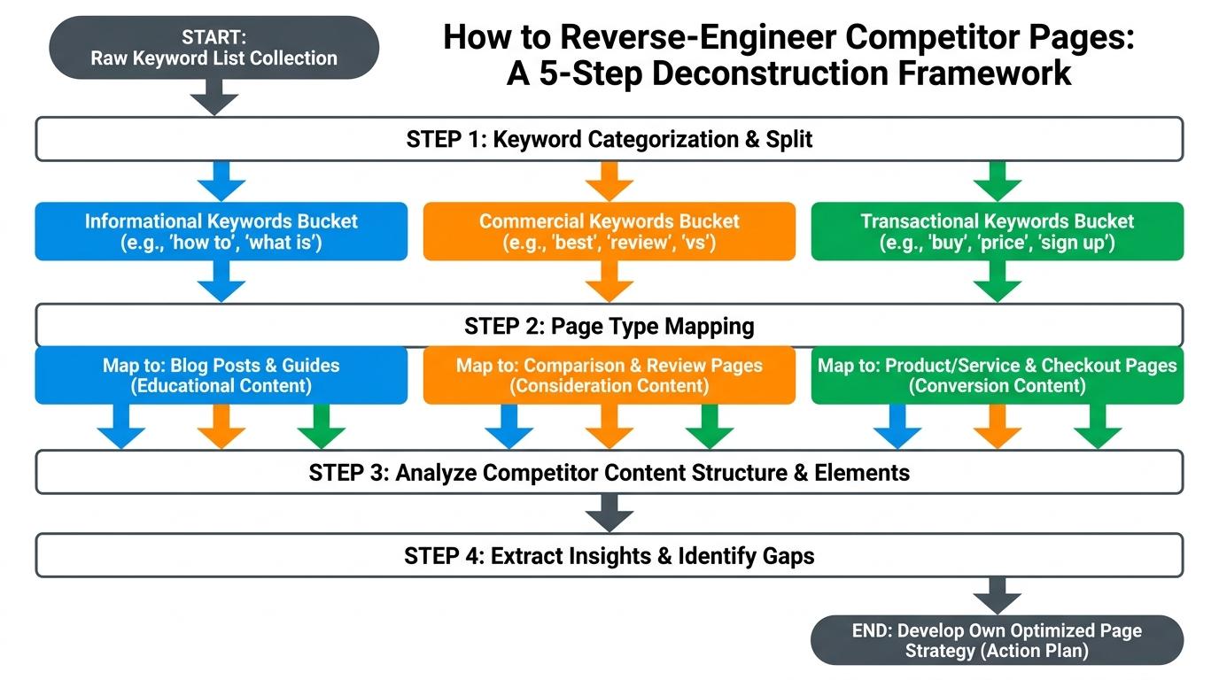 Flowchart showing raw keyword list split into Informational, Commercial, and Transactional buckets, leading to specific page types