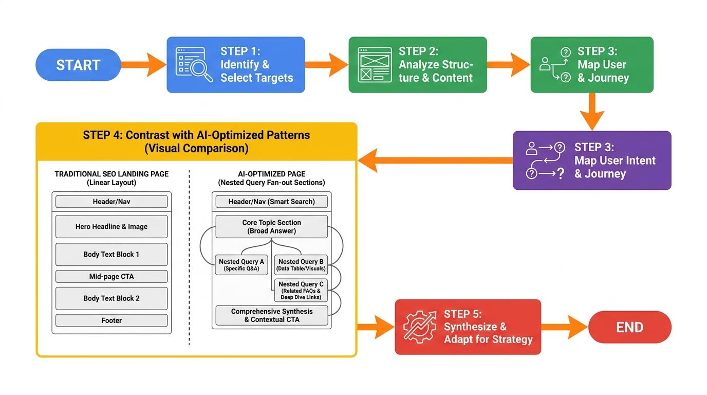 Side-by-side visual wireframe showing a traditional SEO landing page layout versus an AI-optimized page layout with nested query fan-out sections