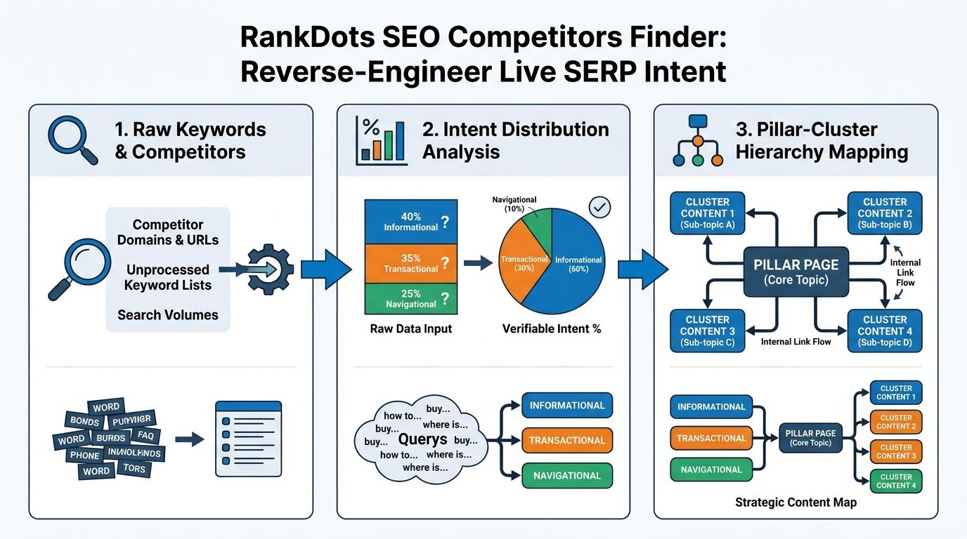 3-panel workflow showing raw competitor keywords transforming into verifiable intent percentage distributions and mapping into a visual pillar-and-cluster hierarchy