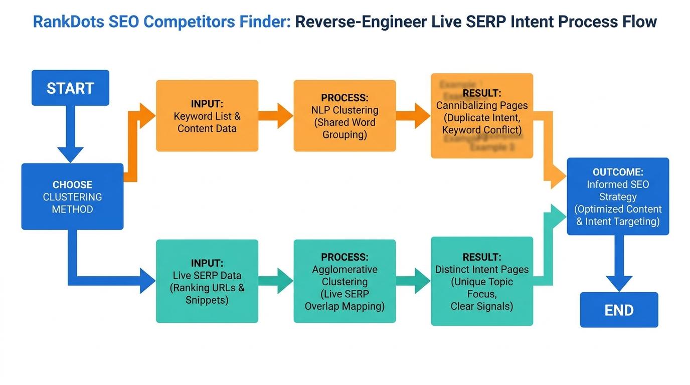Comparison flowchart showing NLP clustering grouping shared words into cannibalizing pages versus Agglomerative clustering mapping live SERP overlap into distinct intent pages