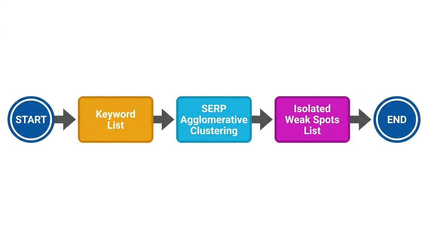 3-step flowchart showing Keyword List → SERP Agglomerative Clustering → Isolated Weak Spots List with arrows connecting each step