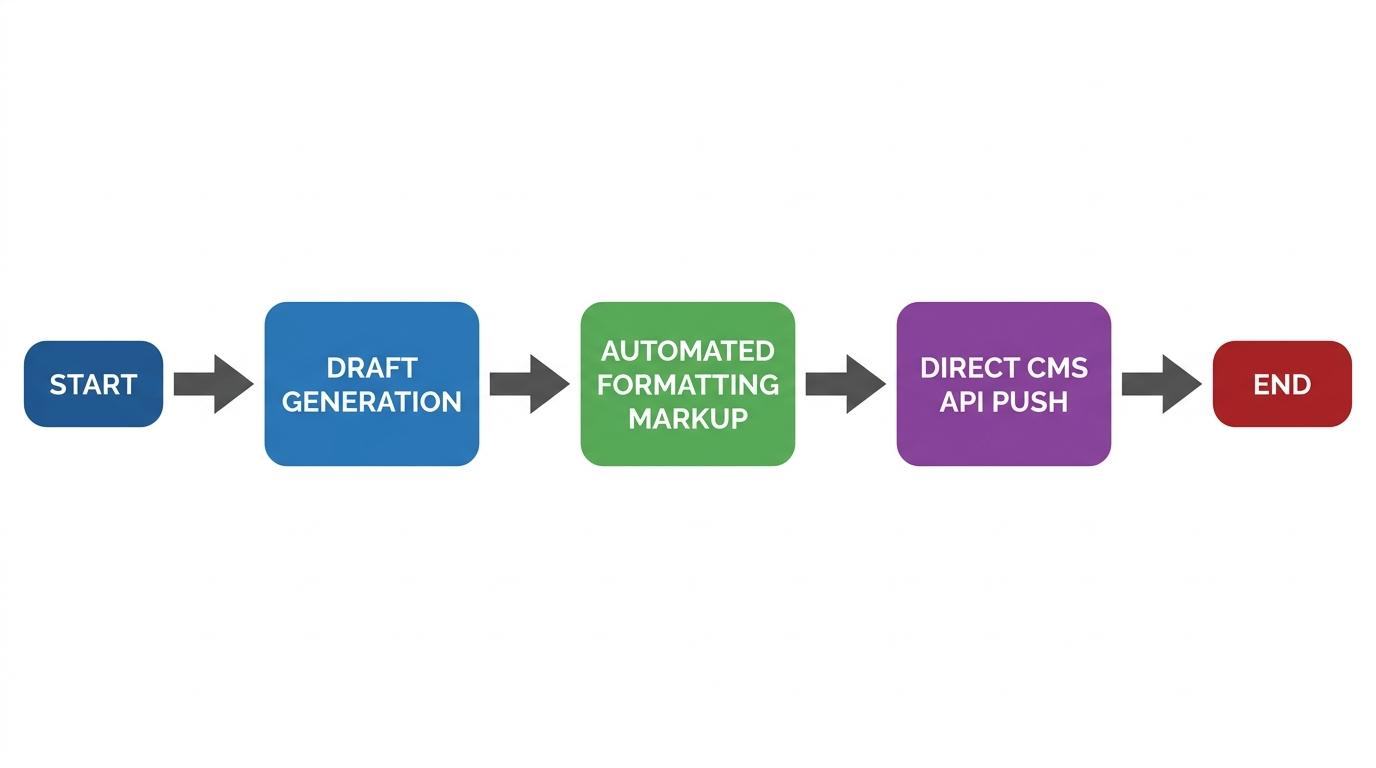 3-step flowchart showing Draft Generation → Automated Formatting Markup → Direct CMS API Push