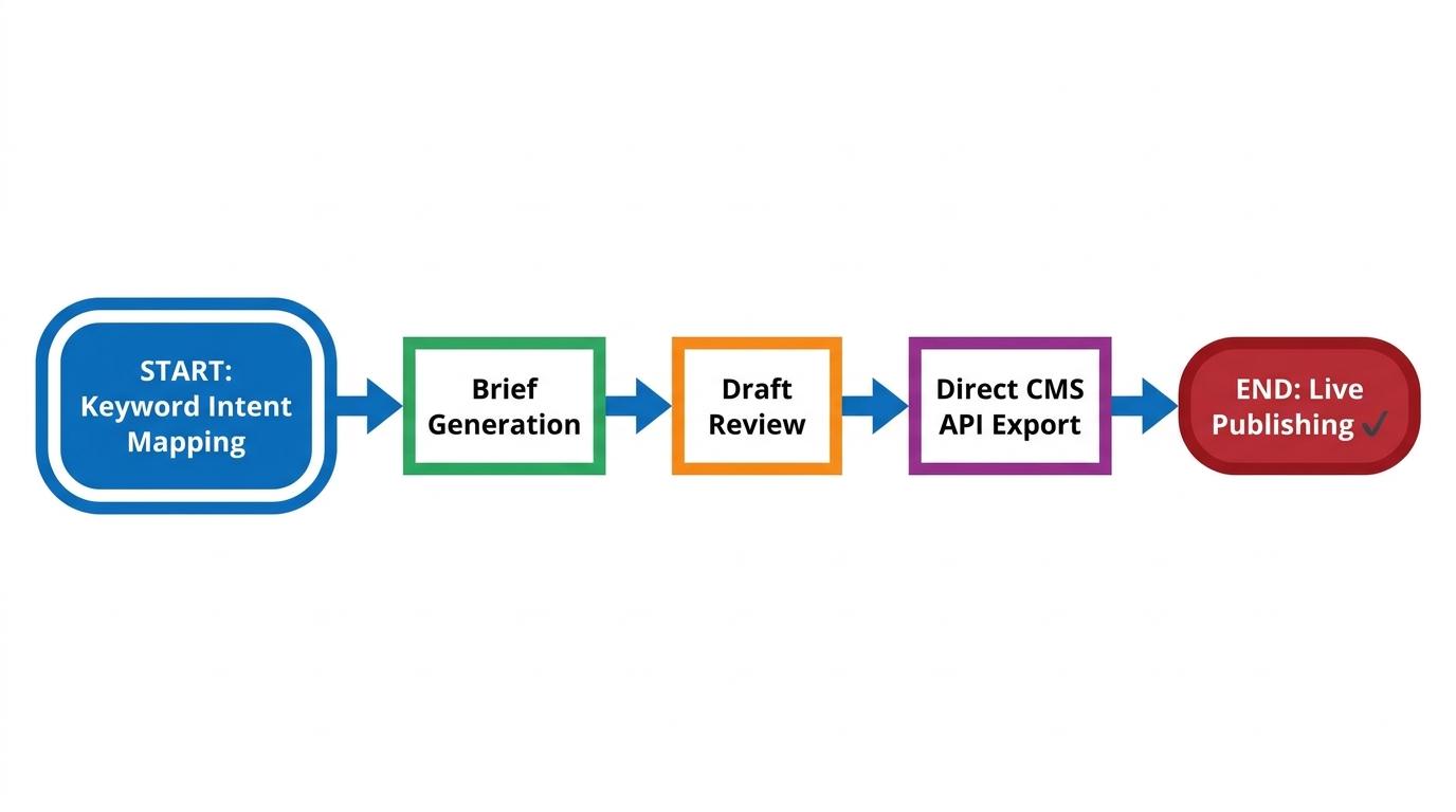 5-step flowchart showing Keyword Intent Mapping → Brief Generation → Draft Review → Direct CMS API Export → Live Publishing