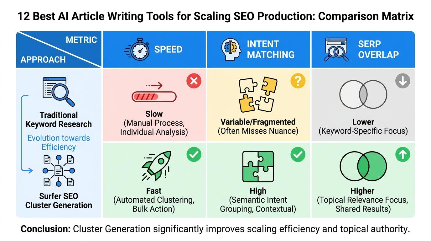 Comparison matrix showing traditional keyword research vs Surfer SEO cluster generation across speed, intent matching, and SERP overlap