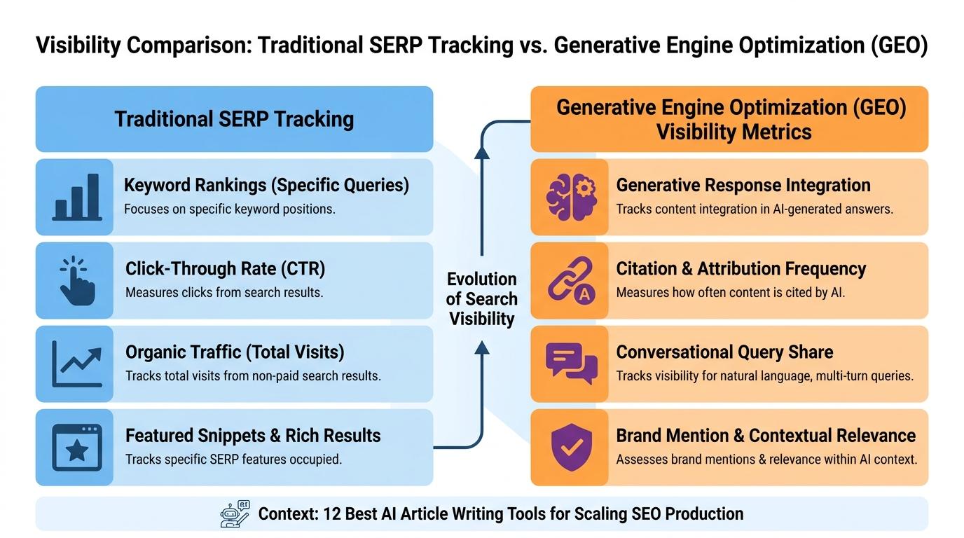 Comparison matrix showing traditional SERP tracking vs Generative Engine Optimization (GEO) visibility metrics