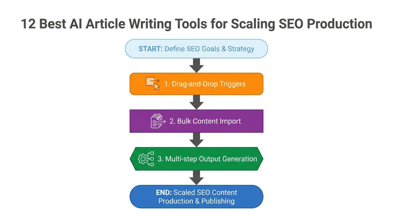 Visual workflow map showing Drag-and-Drop Triggers → Bulk Content Import → Multi-step Output Generation