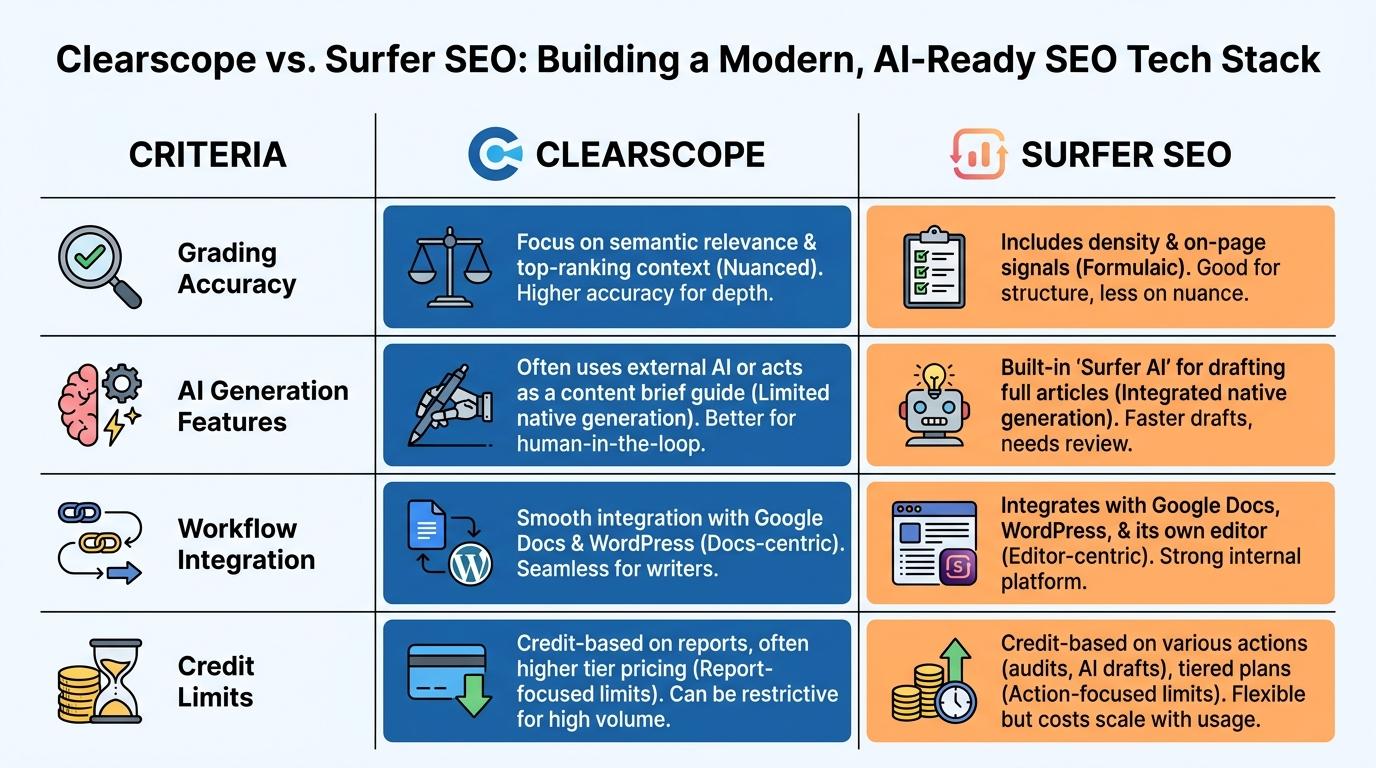 Comparison matrix showing Clearscope vs Surfer SEO across 4 criteria: Grading Accuracy, AI Generation Features, Workflow Integration, and Credit Limits