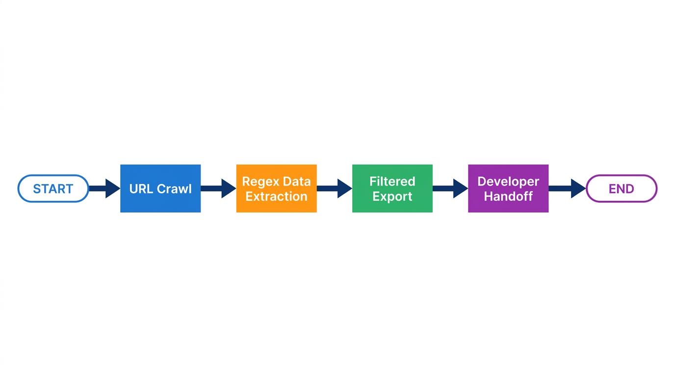 Workflow flowchart showing URL Crawl → Regex Data Extraction → Filtered Export → Developer Handoff with connecting arrows