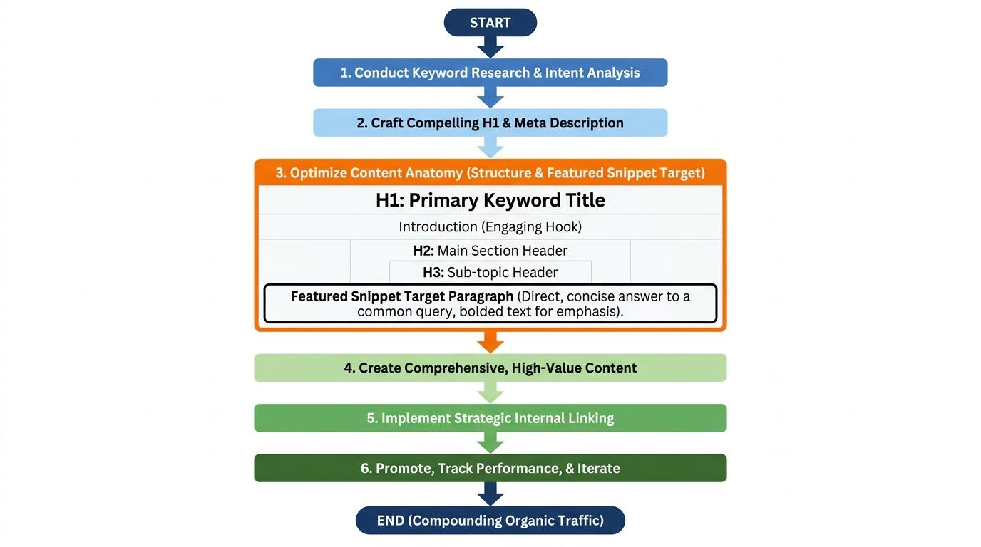 Anatomy of an optimized blog post showing H1, intro, H2/H3 hierarchy, and a bolded featured snippet target paragraph