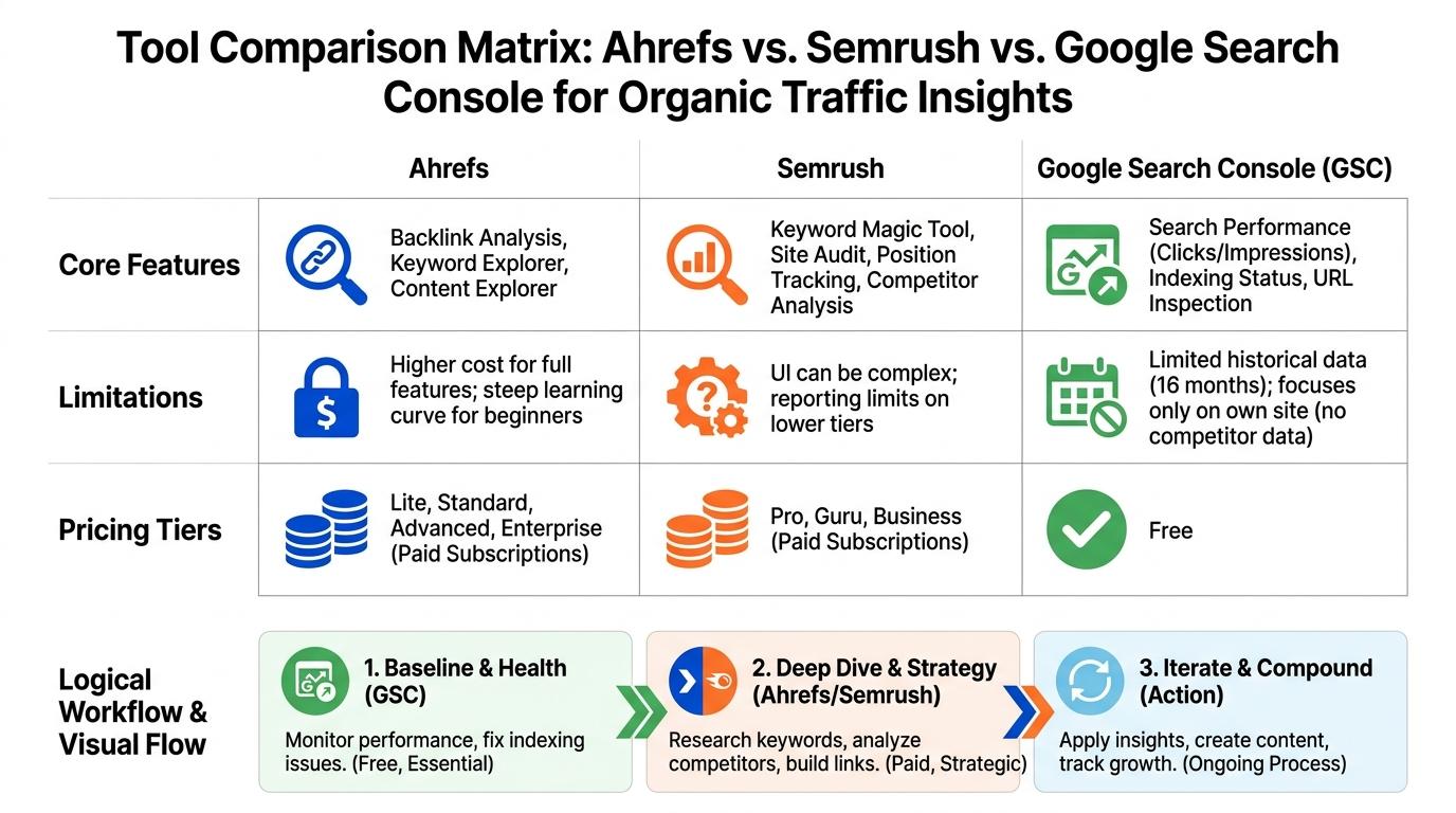 Comparison matrix of Ahrefs vs Semrush vs Google Search Console detailing core features, limitations, and pricing tiers