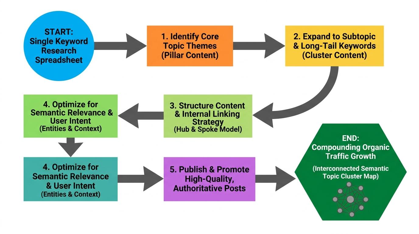Flowchart showing transition from single keyword spreadsheet to interconnected semantic topic cluster map